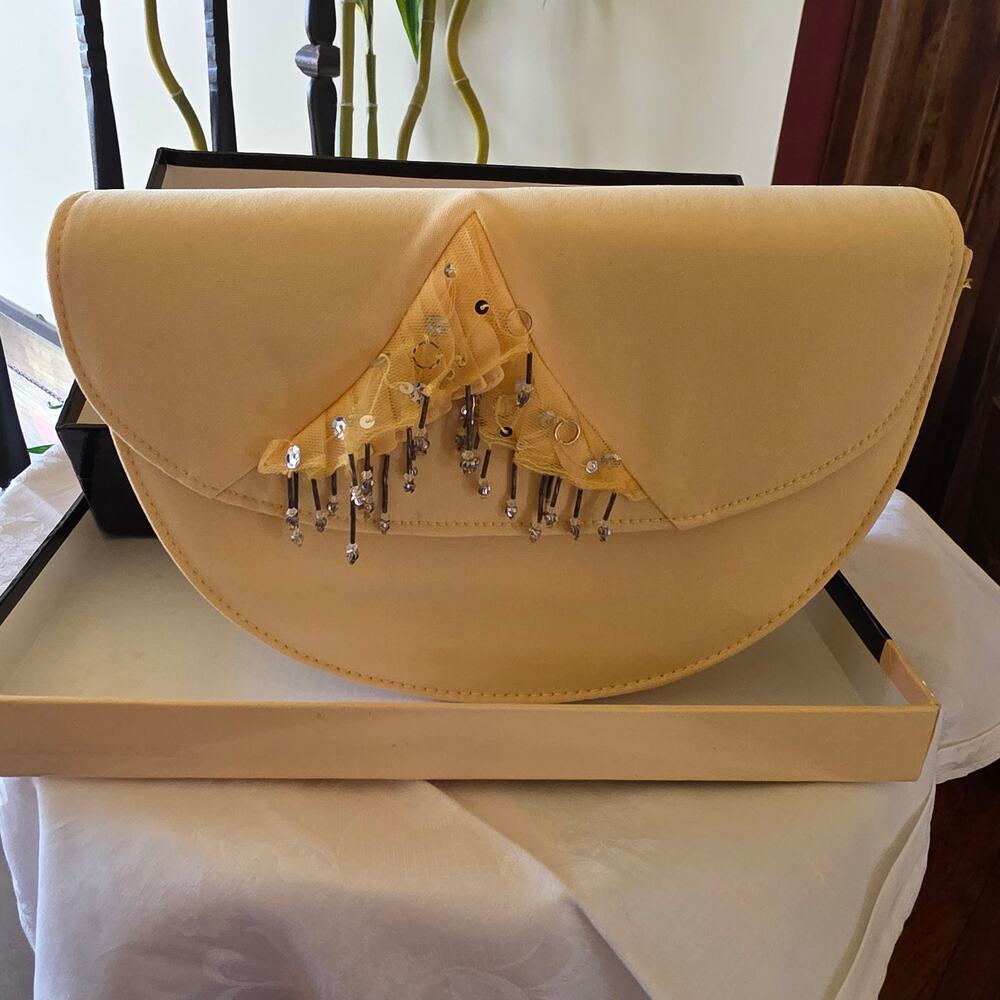 NWT Champagne Italy, yellow,‎ half circle purse with gems